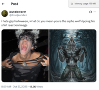 ← Post jaundicelover Memory usage: 150 MB ... @ilovejaundice i hate gay halloween, what do you mean youre the alpha wolf ripping his shirt reaction image 8:59 AM - Oct 27, 2025 - 13.3K Views