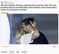 A "Reddit":https://knowyourmeme.com/memes/sites/reddit post to the /r/politics subreddit, speculating that Erika Kirk and "U.S.":https://knowyourmeme.com/memes/cultures/united-states-of-america Vice President "J.D. Vance":https://knowyourmeme.com/memes/people/jd-vance are romantically involved or bound to be.