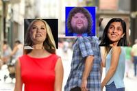 A "Distracted Boyfriend":https://knowyourmeme.com/memes/distracted-boyfriend meme with "J.D. Vance":https://knowyourmeme.com/memes/people/jd-vance, Usha Vance and Erika Kirk.