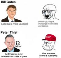 Bill Gates Lets make more vaccines Peter Thiel nooooo you will put microchips in our bodies and track us Palantir MASHAM TASH I will track you in my database from cradle to grave Wow wow wow, normal & trustworthy