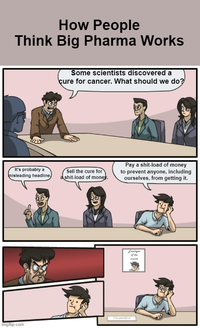 How People Think Big Pharma Works Some scientists discovered a cure for cancer. What should we do? It's probably a misleading headline, Sell the cure for s----load of money. Pay a s----load of money to prevent anyone, including ourselves, from getting it. Employen month Vicepresident imgflip.com