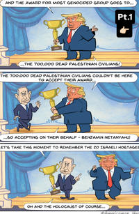 AND THE AWARD FOR MOST GENOCIDED GROUP GOES TO... Pt.1 ] ...THE 700,000 DEAD PALESTINIAN CIVILIANS! THE 700,000 DEAD PALESTINIAN CIVILIANS COULDN'T BE HERE TO ACCEPT THEIR AWARD... ...SO ACCEPTING ON THEIR BEHALF - BENJAMIN NETANYAHU! ET'S TAKE THIS MOMENT TO REMEMBER THE 20 ISRAELI HOSTAGES OH AND THE HOLOCAUST OF COURSE... @Americaman Her