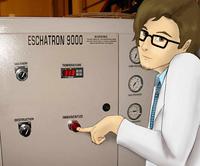 Dr. Maruki activates the Eschatron ESCHATRON 9000 MAYHEM TEMPERATURE 113 80 DESTRUCTION IMMANENTIZE WARNING THE EXCHAN PRUDE YOU'RE ROGO ROLLY SEAS HONES