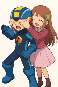 Mega Man Battle Network: Iris Exe surprising Rockman Exe from behind
Capcom copyright characters