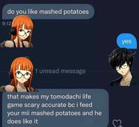 Two characters DMing about mashed potatoes. The characters are from Persona 5.