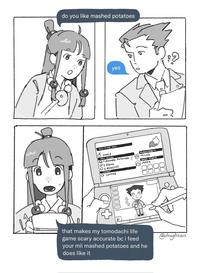 A fan Phoenix Wright comic. The comic is about Maya feeding his Mii Mashed potatoes.