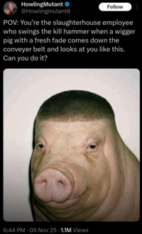 A tweet sharing an ai image of a pig with a buzz cut. It reads "POV: You’re the slaughterhouse employee who swings the kill hammer when a w----- pig with a fresh fade comes down the conveyer belt and looks at you like this.  Can you do it?"