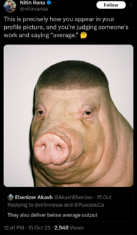 Nitin Rana @nitinranaa Follow This is precisely how you appear in your profile picture, and you're judging someone's work and saying “average.” Ebenizer Akash @Akash Ebenizer 15 Oct Replying to @nitinranaa and @PuscasuCa They also deliver below average output 12:41 PM - 15 Oct 25 2,948 Views