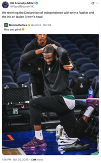 A "quote-tweet":https://knowyourmeme.com/memes/quote-retweets-qrts about Boston Celtics "NBA":https://knowyourmeme.com/memes/cultures/basketball player Jaylen Brown's fake hairline and hair dye use.
