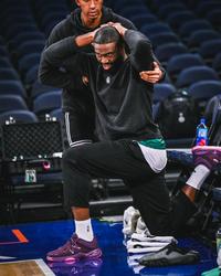 A photo of Boston Celtics "NBA":https://knowyourmeme.com/memes/cultures/basketball player Jaylen Brown with a fake hairline and hair dye use.