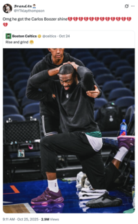 A "quote-tweet":https://knowyourmeme.com/memes/quote-retweets-qrts about Boston Celtics "NBA":https://knowyourmeme.com/memes/cultures/basketball player Jaylen Brown's fake hairline and hair dye use.