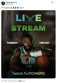 A "tweet":https://knowyourmeme.com/memes/sites/twitter-x from Boston Celtics "NBA":https://knowyourmeme.com/memes/cultures/basketball player Jaylen Brown, announcing that he was going to stream on "Twitch":https://knowyourmeme.com/memes/sites/twitch to talk about the fake hairline rumors. 