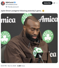 An NBACentel "tweet":https://knowyourmeme.com/memes/sites/twitter-x joking about Jaylen Brown's fake hairline.