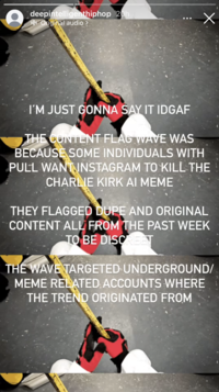 Instagram user @deepintelligenthiphop posted a story that read, "I'm just gonna say IDGAF, the content flag wave was because some individuals with pull want Instagram to kill the Charlie Kirk AI meme. They flagged duplicate and original content from the past week to be discreet. The wave targeted underground / meme related accounts where the trend originated from."