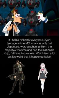 EVE If I had a nickel for every blue-eyed teenage anime MC who was only half Japanese, wore a school uniform the majority of the time and had the last name Kujo, I'd have two nickels. Which isn't a lot but it's weird that it happened twice.