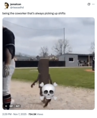 X user @rieaoadhd tweeted, "Being the coworker whose always picking up shifts" alongside the Tung Tung Tung Sahur Baseball GIF, gathering over 90,000 likes in two days.