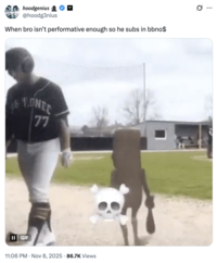 X user @hoodg3nius tweeted, "When bro isn’t performative enough so he subs in bbno$," alongside the Tung Tung Tung Sahur Baseball GIF, gathering over 11,000 likes in two days.