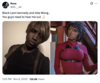 X user @jill___ae posted cosplay artists @mythix.v7 and @JaharaJayde's Leon Kennedy and Ada Wong costumes, gathering over 19,000 likes in a day.