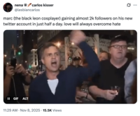 X user @lesbiancarlos posted a tweet that reads, "marc (the black leon cosplayer) gaining almost 2k followers on his new twitter account in just half a day. love will always overcome hate."