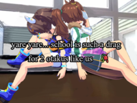 A redraw of the "yare yare school" meme. The meme is based on characters from "Uma Musume.":https://knowyourmeme.com/memes/subcultures/uma-musume-pretty-derby-umamusume