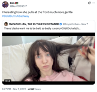 A "tweet":https://knowyourmeme.com/memes/sites/twitter-x claiming that people can see the "toupee" moving on Twitter / X user Empathchan's head when she tugs at her hair.
