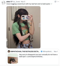 A "quote-tweet":https://knowyourmeme.com/memes/quote-retweets-qrts speculating that "Twitter / X":https://knowyourmeme.com/memes/sites/twitter-x user Empathchan uses clip-on bangs to hide a bald spot.