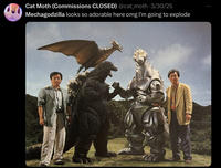 Cat Moth (Commissions CLOSED) @cat_moth. 3/30/25 Mechagodzilla looks so adorable here omg I'm going to explode