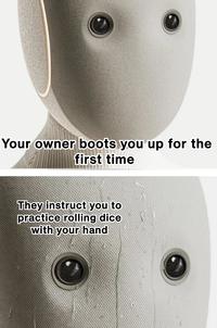 Your owner boots you up for the first time They instruct you to practice rolling dice with your hand