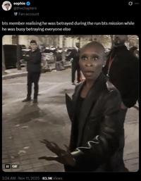 A meme reading, "bts member realising he was betrayed during the run bts mission while he was busy betraying everyone else."