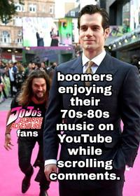 JOJO'S BIZARRE ADVENTURE fans boomers T enjoying their 70s-80s music on YouTube while scrolling comments.