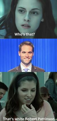 A "Twilight Comic":https://knowyourmeme.com/memes/twilight-comics shared to the 📚Twilight Shitposting💿 "Facebook":https://knowyourmeme.com/memes/sites/facebook-meta group, showing the character Bella Swan, played by Kristen Stewart, asking, "Who's that?" and character Jessica Stanley, played by Anna Kendrick, replying, "That's white Robert Pattinson."