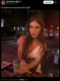 A meme reading, "He drank how many beers last night?" The meme features an image of Brooke Flecca drinking.