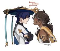 A redraw of the kissing barrier meme. The art features Genshin Impact characters.