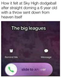 How it felt at Sky High dodgeball after straight doming a 6 year old with a throw sent down from heaven itself The big leagues Remind Me Message slide to an: wer