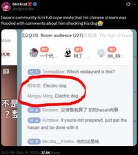 A tweet reading, "hasans community is in full cope mode that his chinese stream was flooded with comments about him shocking his dog😭"