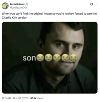 A "tweet":https://knowyourmeme.com/memes/sites/twitter-x using the  Charlie Kirk "Son😭😭😭😭😭" meme, a "Charlie Kirk Face Swap":https://knowyourmeme.com/memes/charlie-kirk-face-swaps-kirkified-memes image of "Anthony's Mackie Smirk Meme":https://knowyourmeme.com/memes/anthony-mackies-smirk. 
