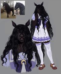 "Umamusume":https://knowyourmeme.com/memes/subcultures/uma-musume-pretty-derby-umamusume fan art. The art depicts a Friesian horse girl and the tweet reads, "Tall beautiful uma how I love you."