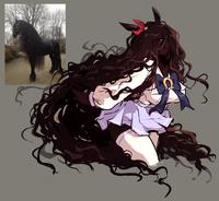 "Umamusume":https://knowyourmeme.com/memes/subcultures/uma-musume-pretty-derby-umamusume fan art. The art depicts a Friesian horse girl and the tweet reads, "the prettiest uma~  ♡🐎♡."