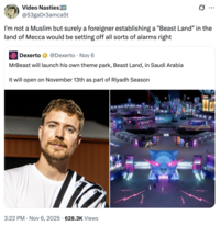 A "quote-tweet":https://knowyourmeme.com/memes/quote-retweets-qrts making fun of "MrBeast's":https://knowyourmeme.com/memes/people/mrbeast Saudi Arabia amusement park, Beast Land.
