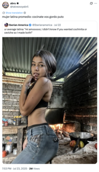 A "quote-tweet":https://knowyourmeme.com/memes/quote-retweets-qrts of the original "tweet":https://knowyourmeme.com/memes/sites/twitter-x that "reposted":https://knowyourmeme.com/memes/repost the photo of the Latina woman cooking over a fire and biting her finger, captioned, "Ur average Latina: 'Mi amooooor, I didn't know if you wanted cochinita or ceviche so I made both!'"