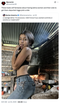 A "quote-tweet":https://knowyourmeme.com/memes/quote-retweets-qrts of the original "tweet":https://knowyourmeme.com/memes/sites/twitter-x that "reposted":https://knowyourmeme.com/memes/repost the photo of the Latina woman cooking over a fire and biting her finger, captioned, "Ur average Latina: 'Mi amooooor, I didn't know if you wanted cochinita or ceviche so I made both!'"