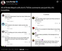 A post sharing comments on Ann Maye's TikTok. The post reads, "All of Drake Maye’s wife Ann’s TikTok comments are just this. It’s incredible."