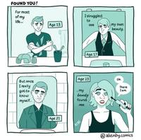 FOUND YOU! For most of my life... Age 13 I struggled to see Age 17 Age 23 Oh. D my own beauty. But once I really got to know myself... ...my beauty found me. There I am. Age 21 RIRI @alienby.comics