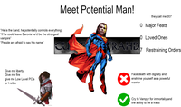Meet Potential Man! they call me 007 0 Major Feats 0 Loved Ones "He is the Land, he potentially controls everything" "If he could leave Barovia he'd be the strongest vampire" "People are afraid to say his name" Give me liberty Give me fire give me Low Level PC's or I retire CU TRAHD 7 Restraining Orders Face death with dignaty and enshrine yourself as a powerful warrior Cry to Vampyr for immortaliy and the ability to be a fraud