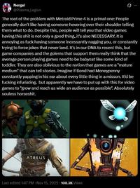 A tweet explaining the problem with Myles in Metroid Prime 4. They believe it is primal.