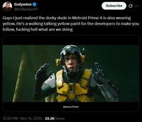 A tweet complaining about Myles MacKenzie. The post compares him to "walking yellow paint":https://knowyourmeme.com/memes/yellow-paint-game-design-debate.