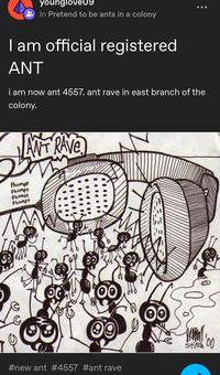 younglove09 In Pretend to be ants in a colony I am official registered ANT i am now ant 4557. ant rave in east branch of the colony. ANTRAVE Phumpt Phumpt Phumpt Phumpt #new ant #4557 #ant rave Stitch 00