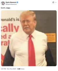 A "tweet":https://knowyourmeme.com/memes/sites/twitter-x from California Governor "Gavin Newsom":https://knowyourmeme.com/memes/people/gavin-newsom, making fun of "U.S.":https://knowyourmeme.com/memes/cultures/united-states-of-america President "Donald Trump":https://knowyourmeme.com/memes/people/donald-trump for saying, "Quiet, piggy."