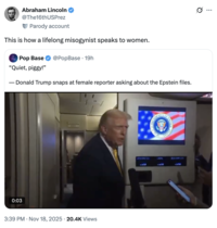 A "quote-tweet":https://knowyourmeme.com/memes/quote-retweets-qrts joking about "Donald Trump":https://knowyourmeme.com/memes/people/donald-trump saying, "Quiet, piggy," to a female Bloomberg reporter in November 2025.