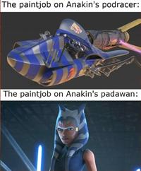 The paintjob on Anakin's podracer: BARY The paintjob on Anakin's padawan: